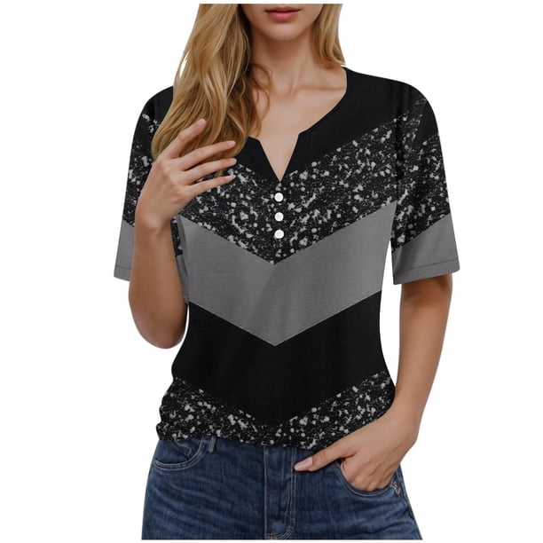 Blusas de Manga Corta para las Mujeres Impresas Cuello Redondo Casual Top, Blusa de Algodón de Imitación para el Hogar Y Diario
