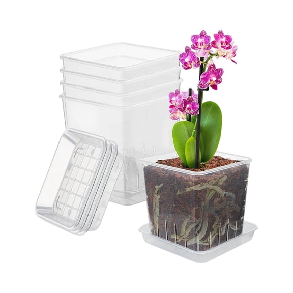 Reusable Transparent Flower Pots, Breathable Root Control Design For Phalaenopsis Repotting, Clear Square Plant Containers With Trays