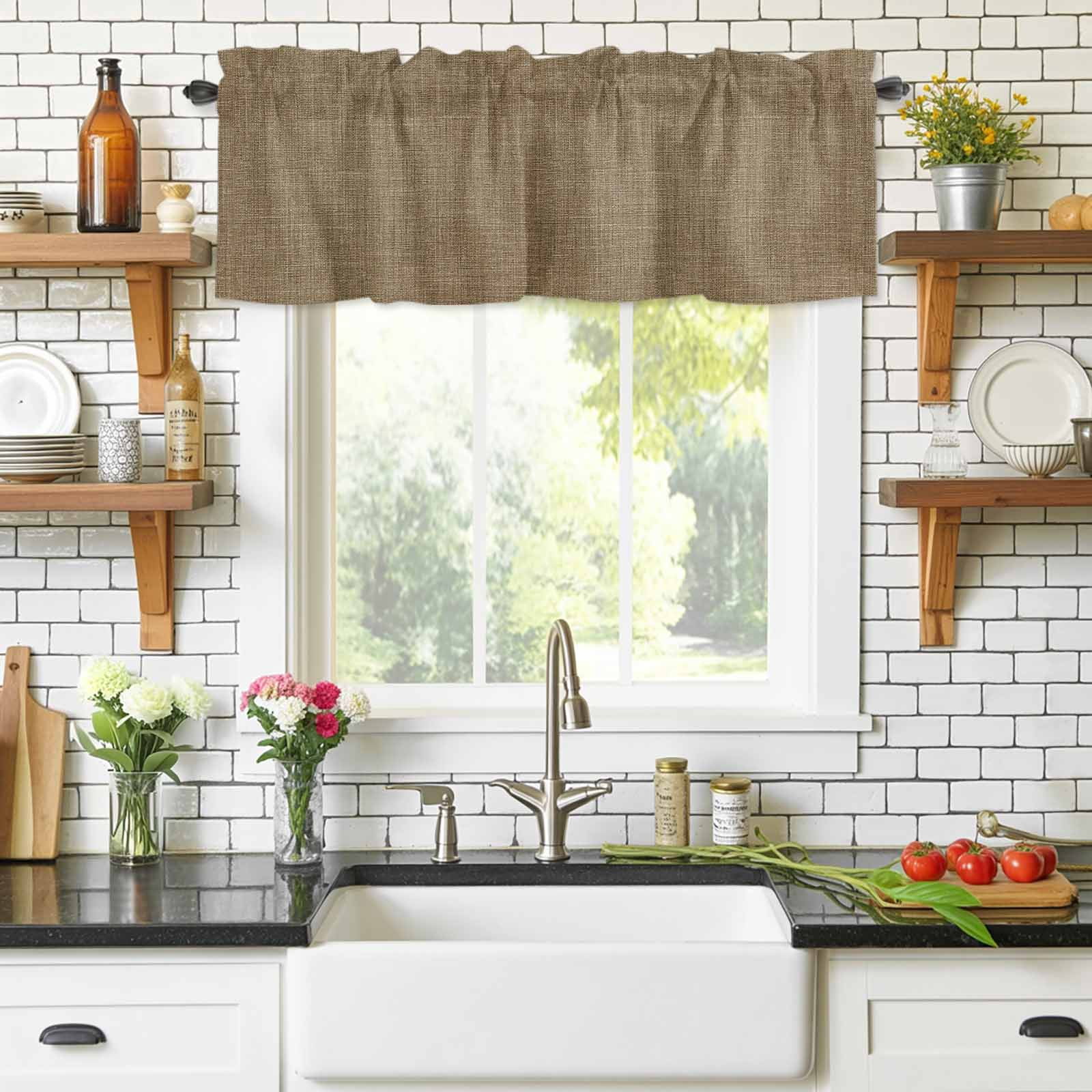 Vintage Brown Rod Pocket Curtain Valance, Farmhouse Retro Dark Solid Color Linen Texture Farmhouse Window Valance for Living Room, Bedroom, Kitchen 42"W x 12"L