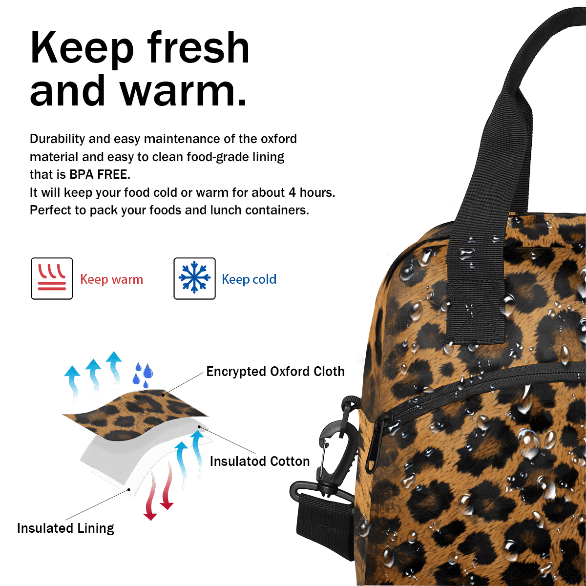 Herdesigns Leopard Print Insulated Lunch Bag for Women Men Adults Large Reusable Lunch Box Wild Safari Skin Pattern Leakproof Cooler Tote Bags with Adjustable Shoulder Strap