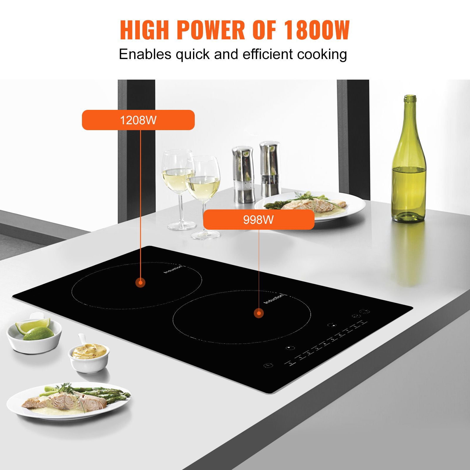 12 Inch 2-Burner Induction Cooktop, 1800W Built-in Electric Stove with 9 Power Levels, Touch Screen LED Display, Child Lock and Overheat Protection for Safe Cooking