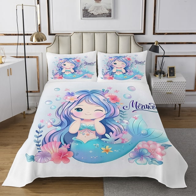 Erosebridal Kawaii Princess Coverlet Set Twin, Ocean Mermaid Bedding Set, Pink Flower Decor 2pcs