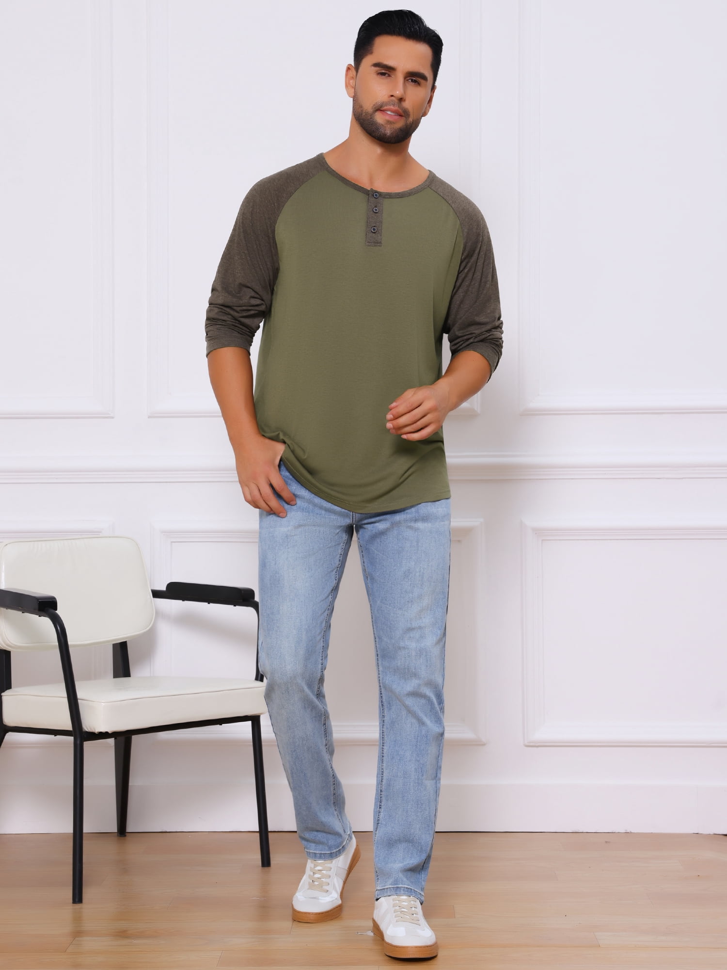 DARING DIVA Men's Raglan Long Sleeve Tee Shirt Baseball Henley T-Shirts S Green Brown