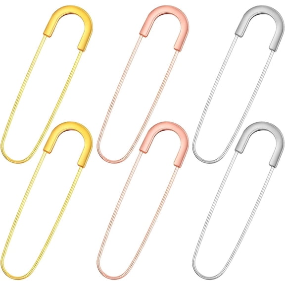 6pcs 8 cm Long Extra Large Safety Pins Metal Heavy Duty Big Blanket Pins Strong Clothing Crafts Pins for Leather Canvas Skirts Kilts Sewing Quilting, 3 Colors