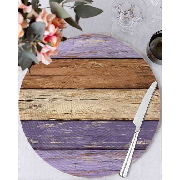 13 Inch Round Placemats Set of 4, Farmhouse Purple Brown Non Slip Heat Insulation PP Table Mats, Vintage Wooden Striped Washable Place Mats for Kitchen Dining Party Table Decor