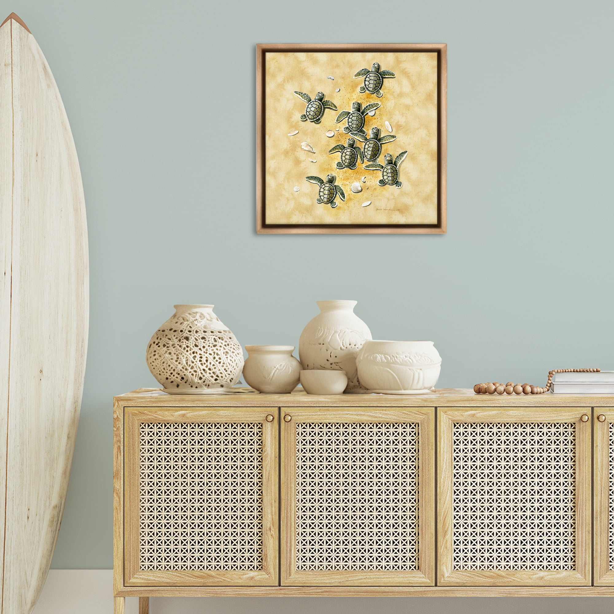 Stupell Industries Baby Sea Turtles Shore Animals Painting Brown Floater Framed Canvas Art Print Wall Art, 25 x 25