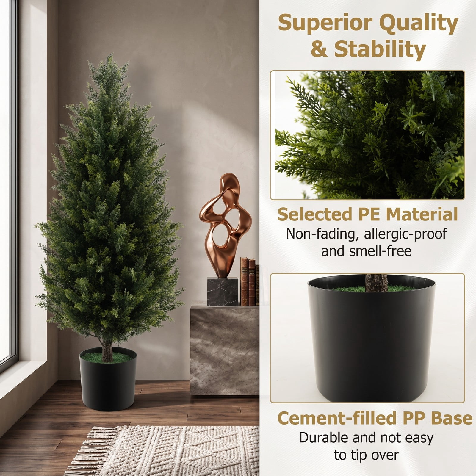 ALPULON 3 Feet Artificial Cedar Topiary Tree, Faux Cypress Plant with Cement-Filled Plastic Pot and Realistic Moss for Indoor Outdoor Home Office Entryway Decor, Green