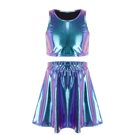 Haitryli Kids Cheer Outfit Hip Hop Dance Dress Sets 2 Pcs Shiny Skirt And Top Set for Stage Performance Blue 6-10