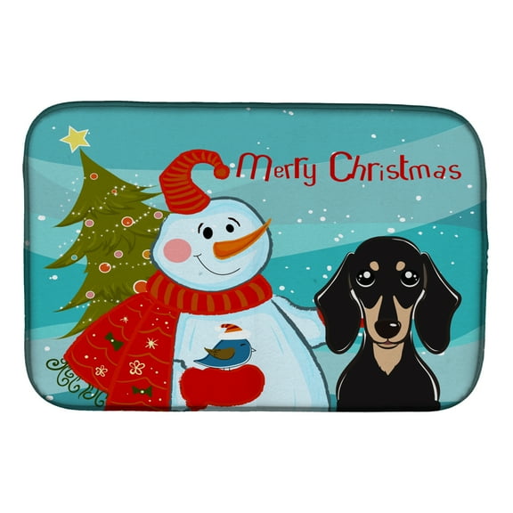 Snowman with Smooth Black and Tan Dachshund Dish Drying Mat