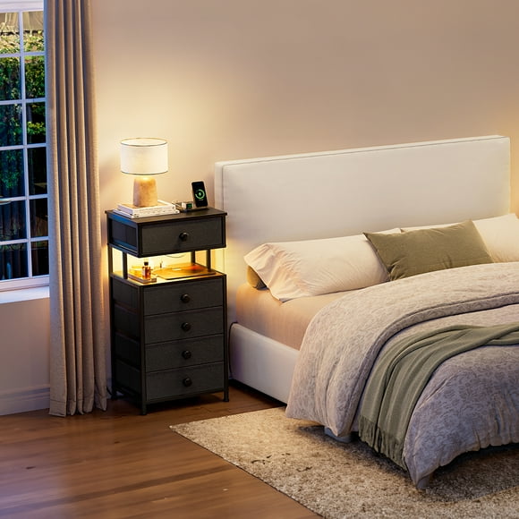 Mesita de Noche con estación de Carga USB y Enchufe - Buros para recamara - Mesa de Noche con 5 cajones - Mesa Auxiliar con luz led Ajustable