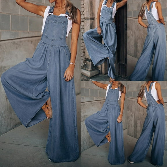 PXLKNZH Women's Denim Overalls Casual Loose Fit Straight Romper Adjustable Strap Wide Leg Bib Jean Jumpsuit with Pockets Blue,L