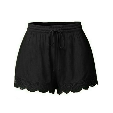 

YoaGGa Women s Casual Hollow Out Lace Elastic Waist Drawstring Solid Color Shorts