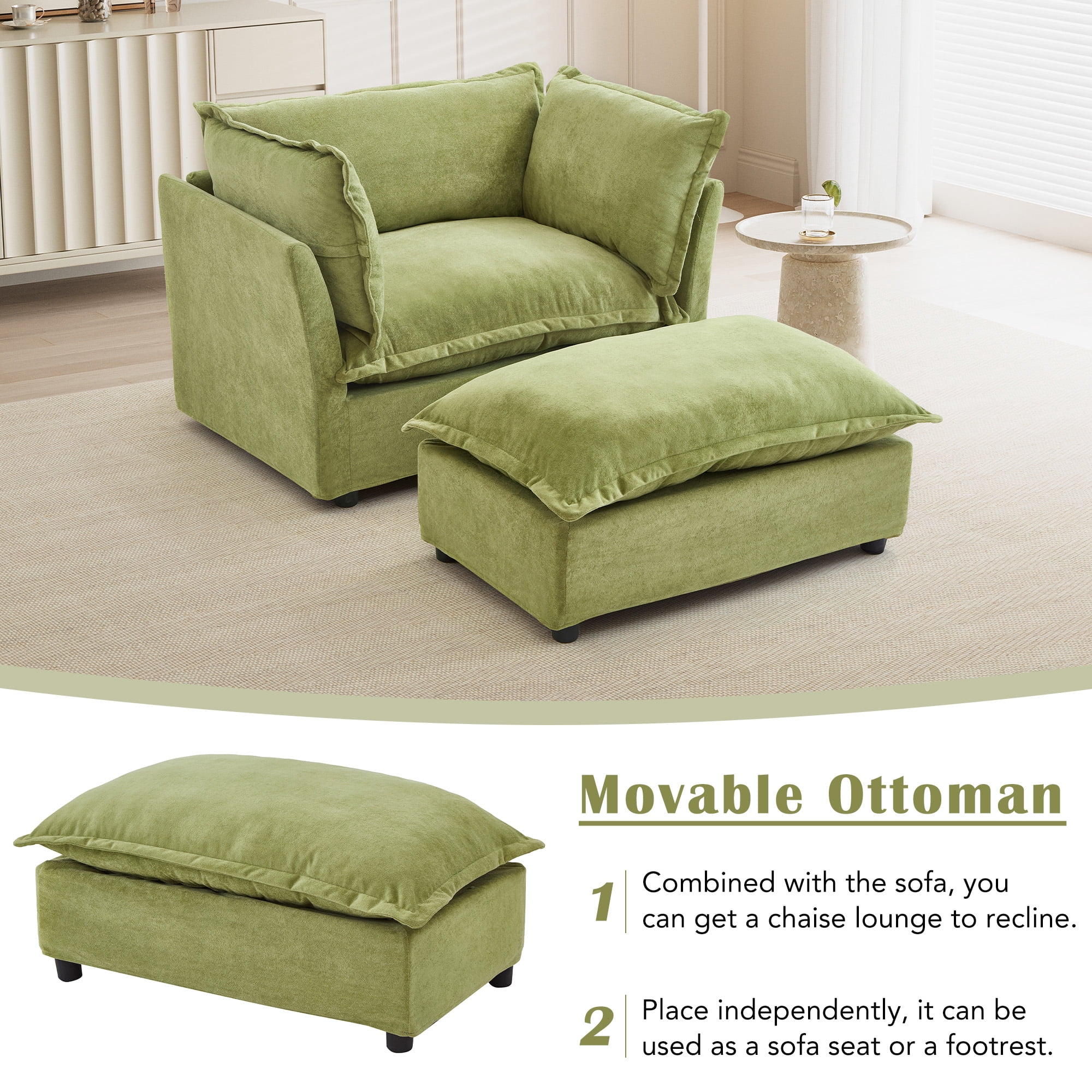 45.2" Armchair Sofa Cozy Upholstered Sofa Chair with Ottoman, 39" Wide Seat and 2 Pillows
