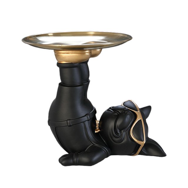 Estatua de perro con bandeja Adorno de perro con bandeja Obra de arte Estatuilla de perro de resina Almacenamiento de llaves Escultura de Negro Gloria Estatua de resina con bandeja