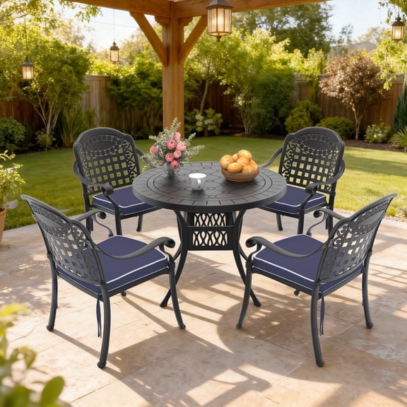 Hzzkey Outdoor Dining Table Set for 4, 39.37" Round Table with 4 Stackable Cushioned Chairs, Blue & Black