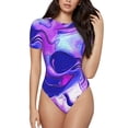 thumbnail image 2 of Fotbe Swirl Print Blue Purple1 Women's Crew Neck Short Sleeves Bodysuit Tops Round Neck Slim Sleeveless Soft Comfortable Basic-Small, 2 of 7