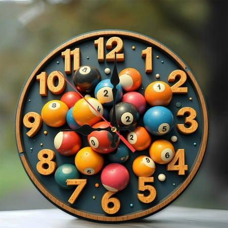 Unique Billiard Balls Clock Wall Decor 10-Inch Silent Wooden Wall Clock, Battery Operated (AA Batteries Not Included), Artistic Home Decor
