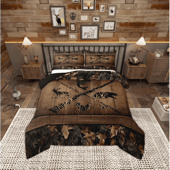 Manfei Safari Bear Moose Bedding Comforter Set,Fishing And Hunting Twin Comforter Sets,Pike Fish Bedding Set For Boy Teens,Breathable Home Decor Reversible,2pcs