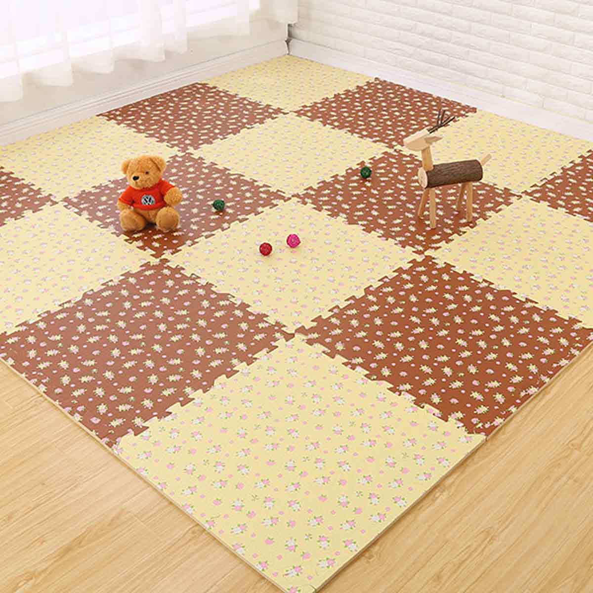 9Pcs Printed Flower Grain Floor Foam Puzzle Mat, Eva Anti Fatigue Extra Thick Children Exercis