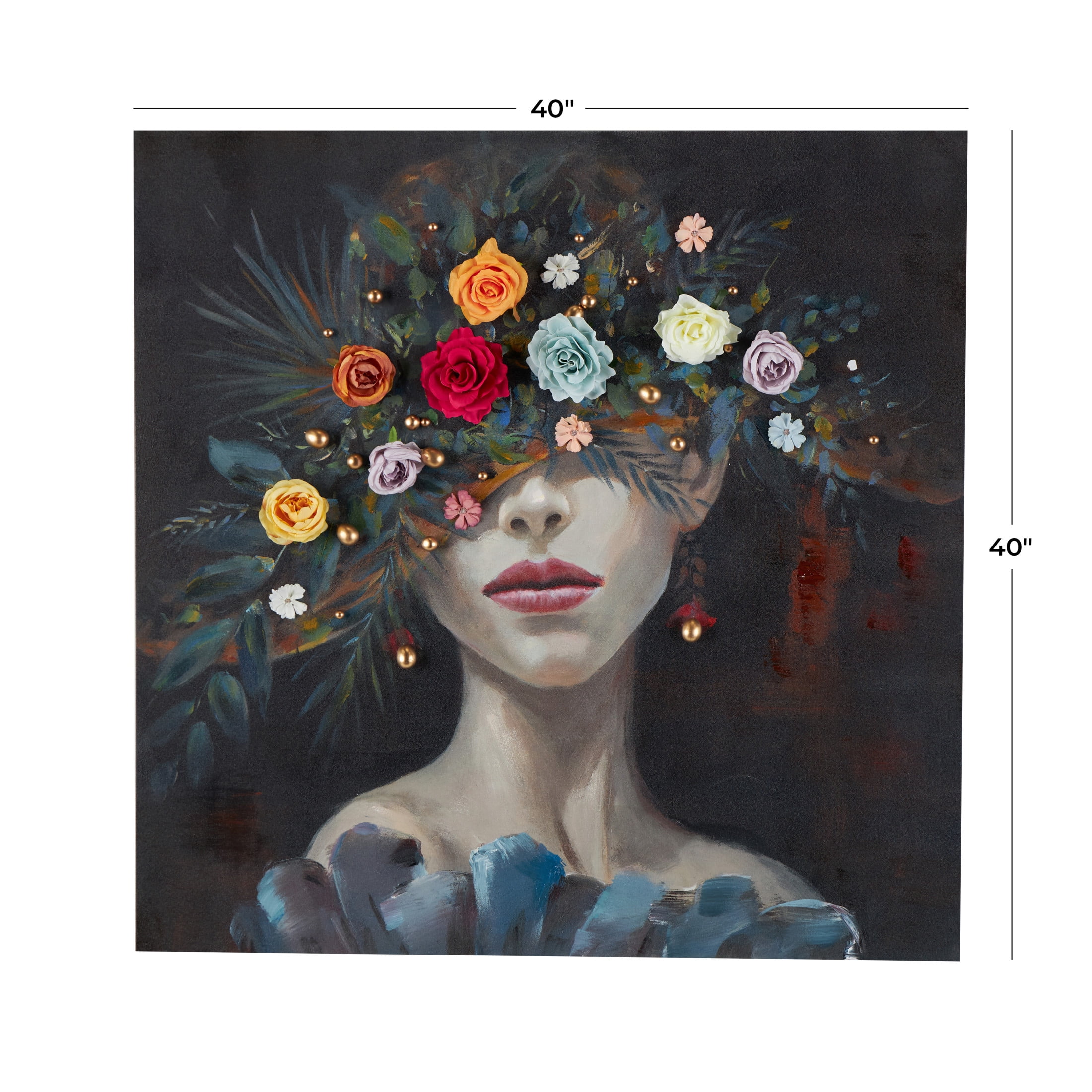 40" x 40" Unframed Woman Wall Art with 3D Multicolor Flowers and Gold Jewels, by DecMode