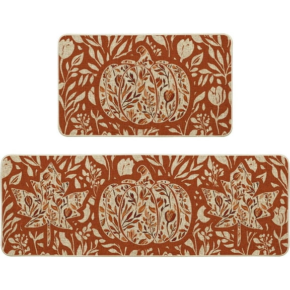 Orange Flower Pumpkin Fall Kitchen Mats Set of 2, Autumn Home Decor Low-Profile Kitchen Rugs for Floor - 17x29 and 17x47 Inch