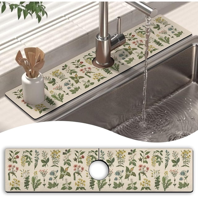 Kitchen Sink Splash Guard Faucet Mat 24" X 5.5" Floral Absorbent Fast Drying Mat Faucet Draining Mat Sink Splash Guard Behind Faucet Drip Catcher for Kitchen Bathroom