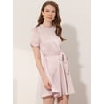 thumbnail image 3 of INSPIRE CHIC Robe Satinée à Manches Courtes Bouffantes pour Femme, Col Montant à Volants, Taille à Nouer, Rose G, 3 of 5