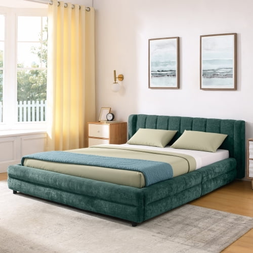 Queen Upholstered Bed Frame with Storage Drawers, Modern Platform Bed with Soft Chenille Fabric Headboard, Solid Wood Slat Support, No Box Spring Needed, for Bedroom, Blue+Green
