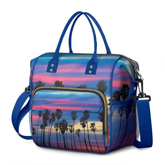 Summer Beach Palm Trees Insulated Lunch Bag – Waterproof Reusable Lunch Tote with Tropical Pattern, Large Capacity Cooler Bag for Work, Outdoor, Beach Use