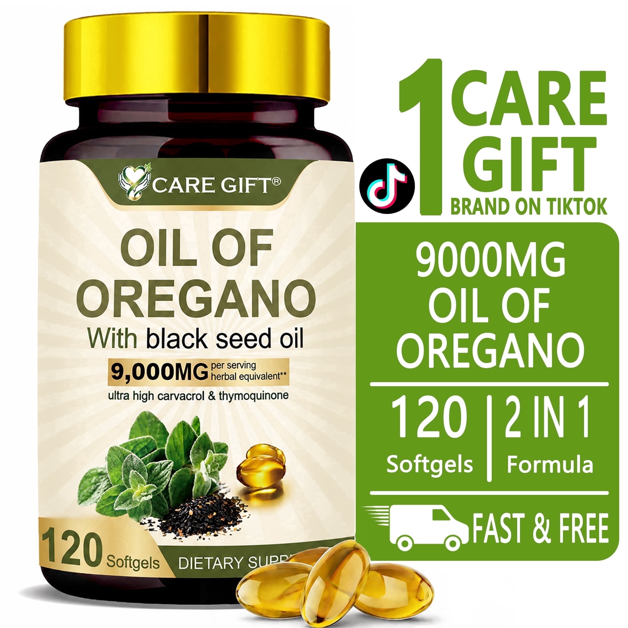 CARE GIFT Oil of Oregano Softgels 9000mg with Black Seed Oil, 2 in 1 Immune & Digestive Health Supplement, Carvacrol & Thymoquinone, 120 Softgels
