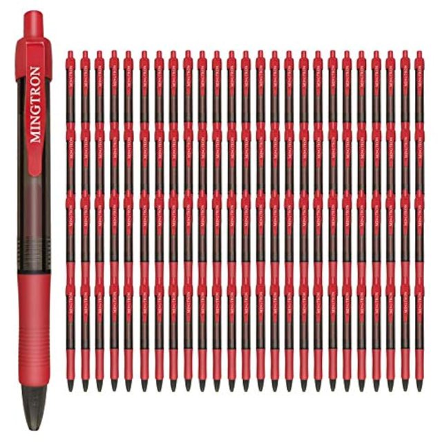 mingtron Stylos Gel, Lot de 100 Stylos Rouges Pointe Fine, Stylos à Encre Anti-Bavure pour Main Gauche, Stylos à Clic en Vrac, Stylos à Bille Roulante Rétractables pour une Écriture Fluide, 0,5 mm, Encre Rouge