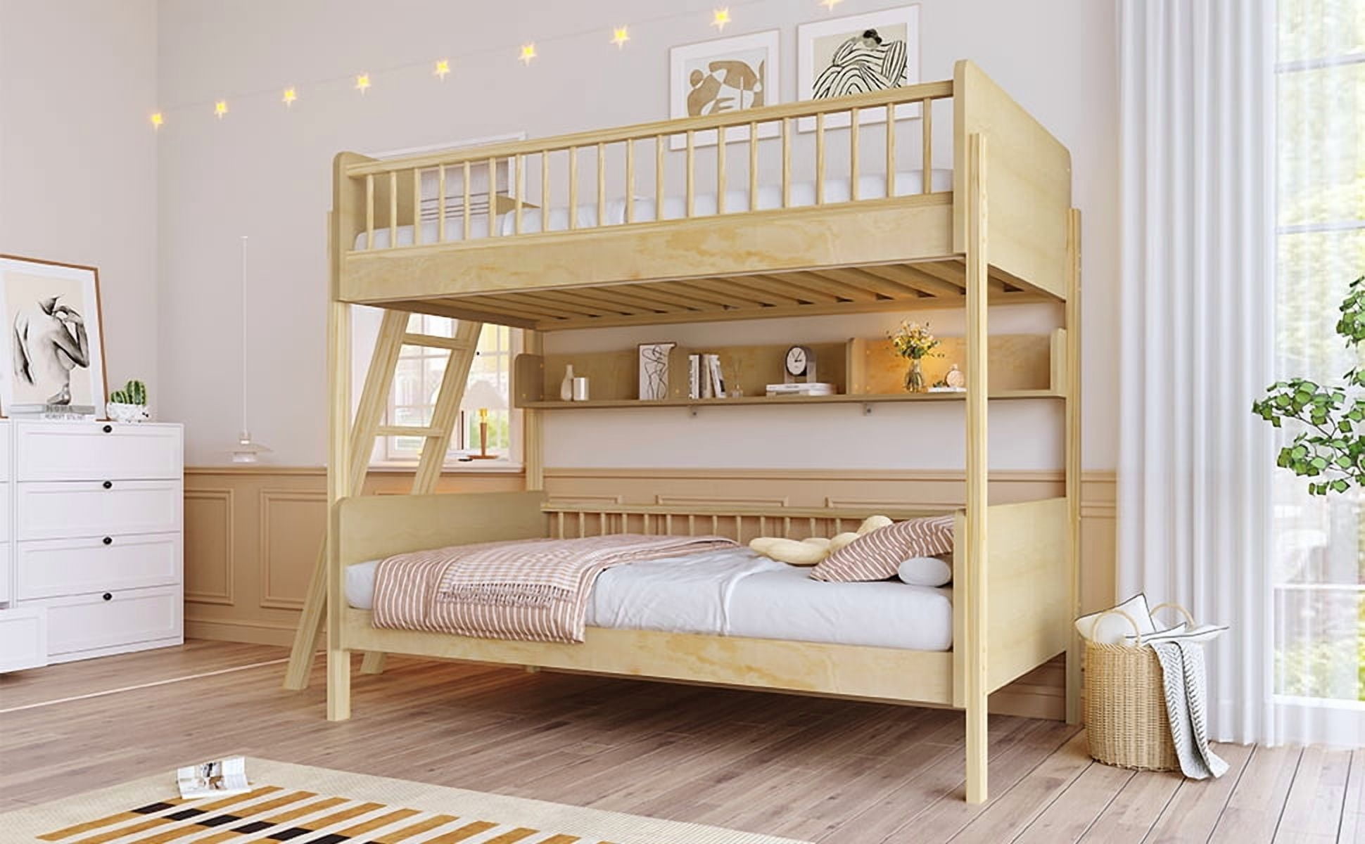 Yoneston Twin Over Twin Size Bunk Bed with 3 Storage Shelves, Wooden Platform Bed Frame with Safety Guardrails & Adjustable Ladder for Kids Teens Bedroom Dorm, Natural