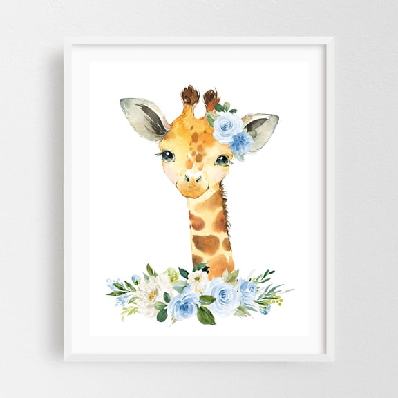Giraffe, Jungle Animals, Safari Animals, Blue Flowers, Boy Nursery - Illustration Watercolor Animal Floral Whimsical White Framed Wall Art Print 16 x 20 inches