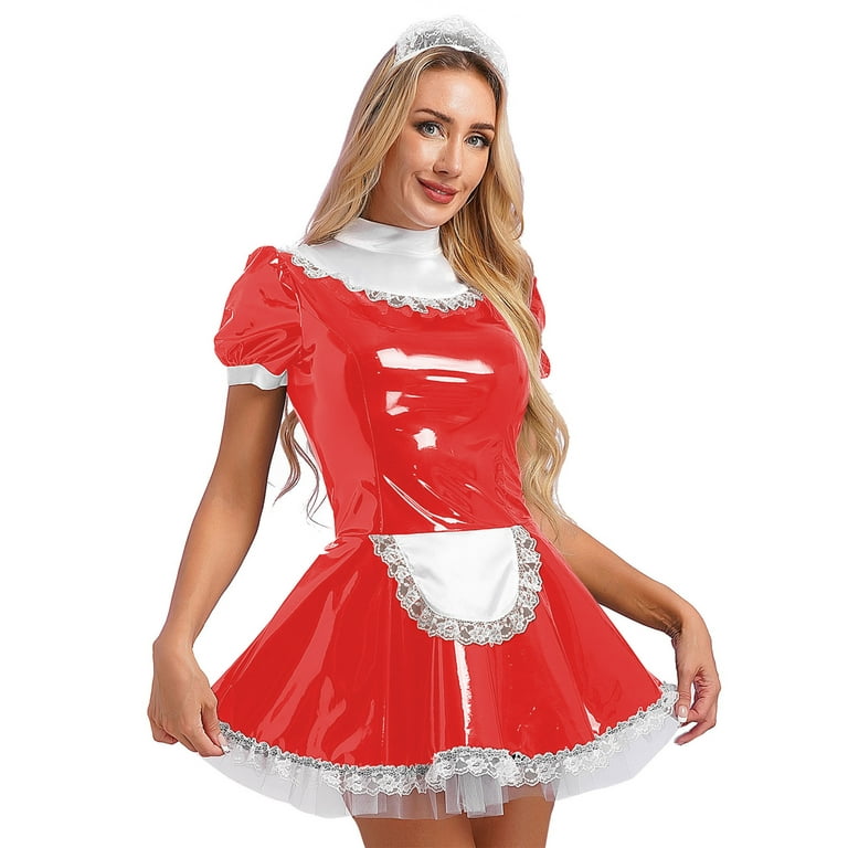 CHICTRY Womens Wet Look Patent Leather Lace Trim Dress French Maid Fancy Dress Costume Cosplay Outfit Red A XXL Walmart