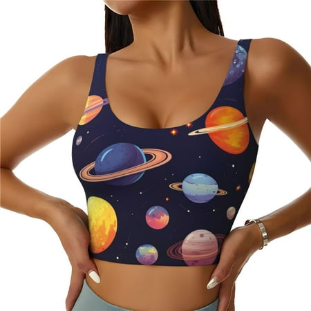 Qokaie Space Planet Pattern Womens Scoop Neck Sports Bra Breathable Workout Vest Padded U Back Medium Impact Fitness Gym Yoga Bra Workout Crop Top-Large