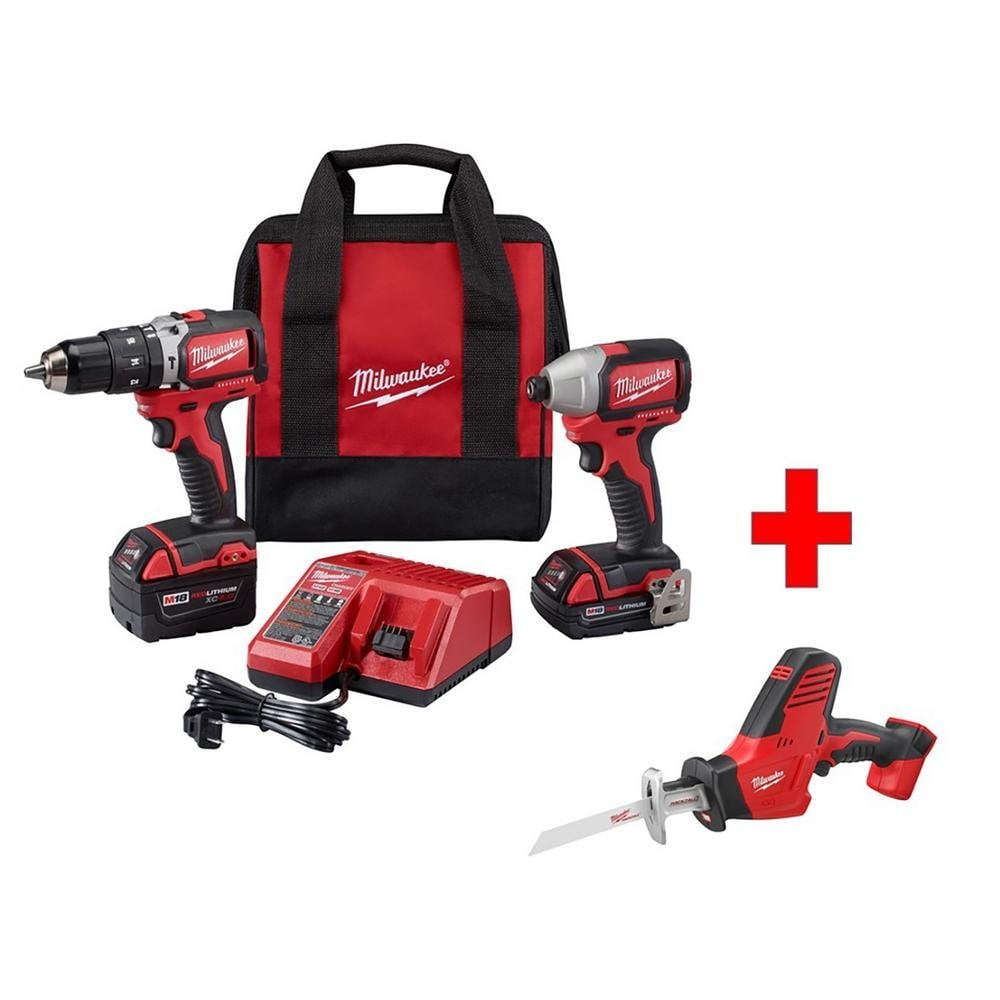 Milwaukee 2695-24 M18 18V Cordless Power Tool Combo Kit with Hammer Drill,  Impact Driver, Reciprocating Saw and Work Light, 2 Batteries, Charger and  