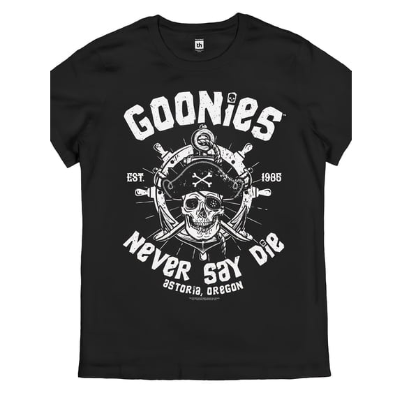 Men's Goonies Never Say Die Retro T-Shirt Officially Inspired 80s Movie Logo Iconic Skull Crossbones Pirate Design