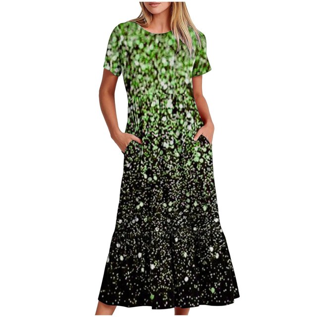 Fankiway Robe Longue Ample à Manches Courtes avec Poche et Col Rond Imprimé pour Femmes Rondes Robes de Printemps pour Femmes 5728