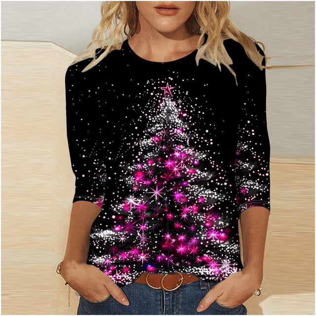 RKSTN Chemisiers pour Femmes T-Shirts Mode pour Femmes Décontractés Col Rond Manches 3/4 T-Shirt Ample Chemisiers pour Dames Chemises Chemisiers pour Femmes Chic Décontracté