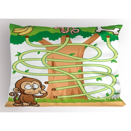 Kid's Activity Pillow Sham Curious Monkey Trying to Reach the Banana Maze Design Pathway Funky Forest, Decorative Standard King Size Printed Pillowcase, 36 X 20 Inches, Multicolor, by