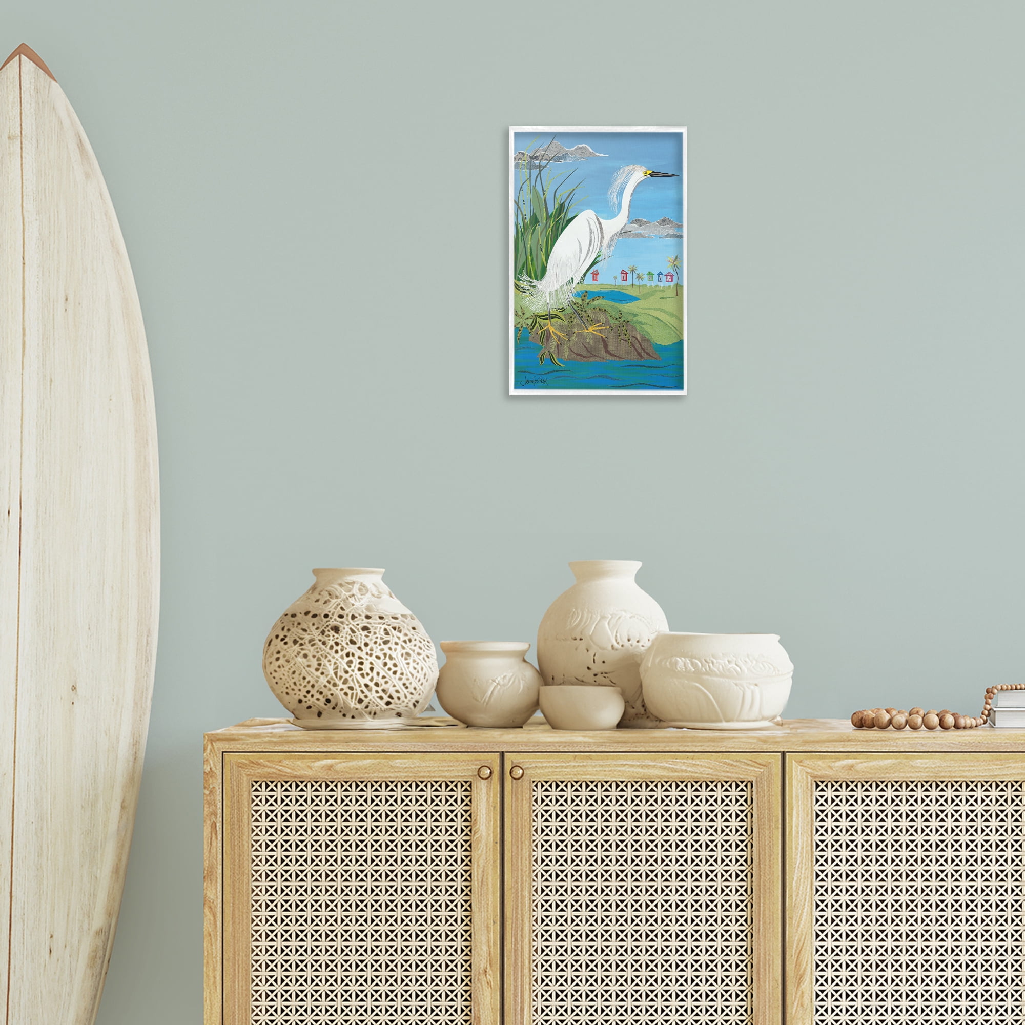 Stupell Industries Egret Perched on Shore Animals & Insects Painting White Framed Art Print Wall Art, 12 x 18
