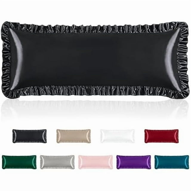 Chenchen Ruffle Satin Body Pillow Cover, Silky Satin Body Pillowcase with Envelope Closure, Luxury & Ultra Soft Long Pillow Cases for Hair and Skin, Ruffled Long Pillow Shams (Black)