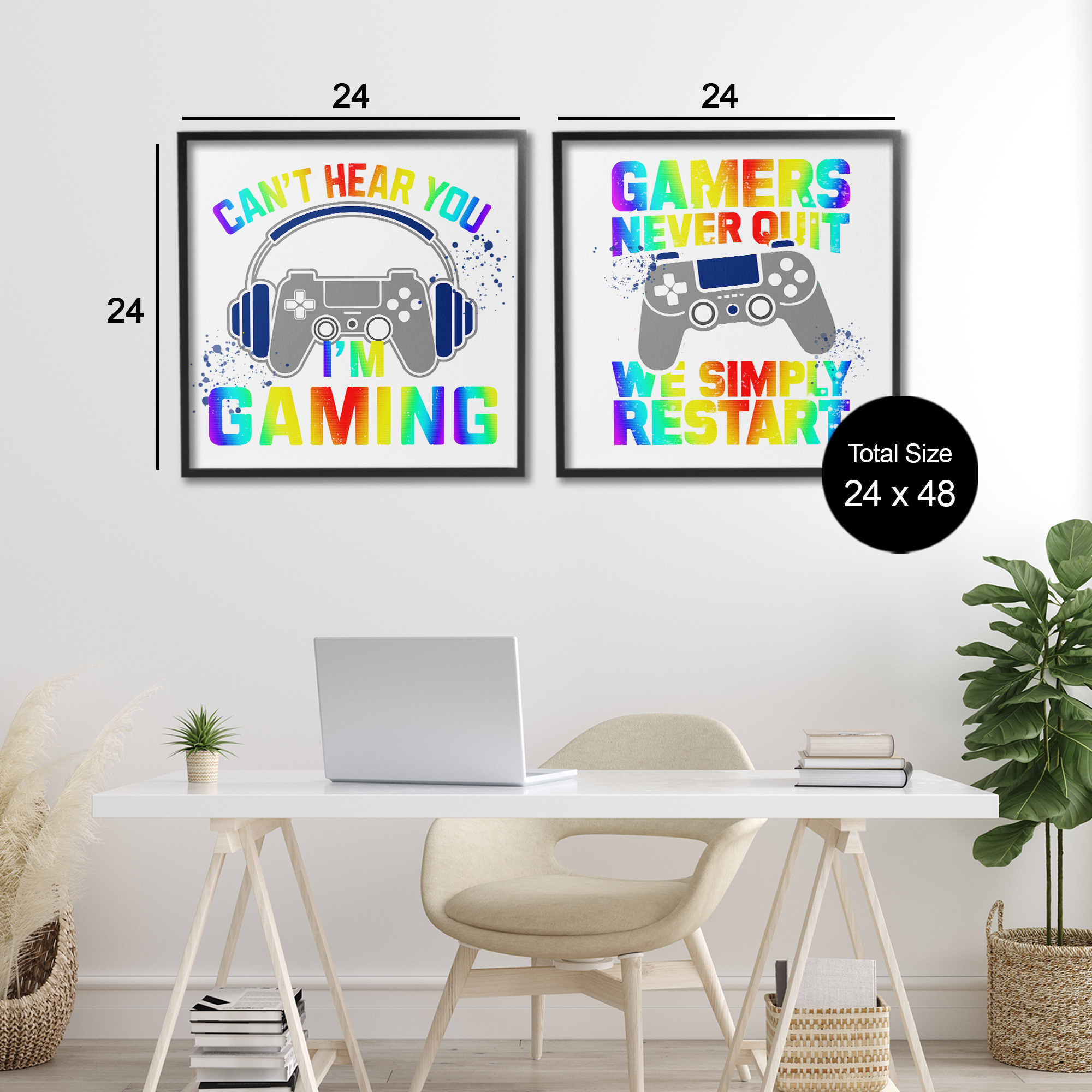 Rainbow Retro Gaming Phrases 2 Piece Black Framed Giclee Art Set, design by Kim Allen