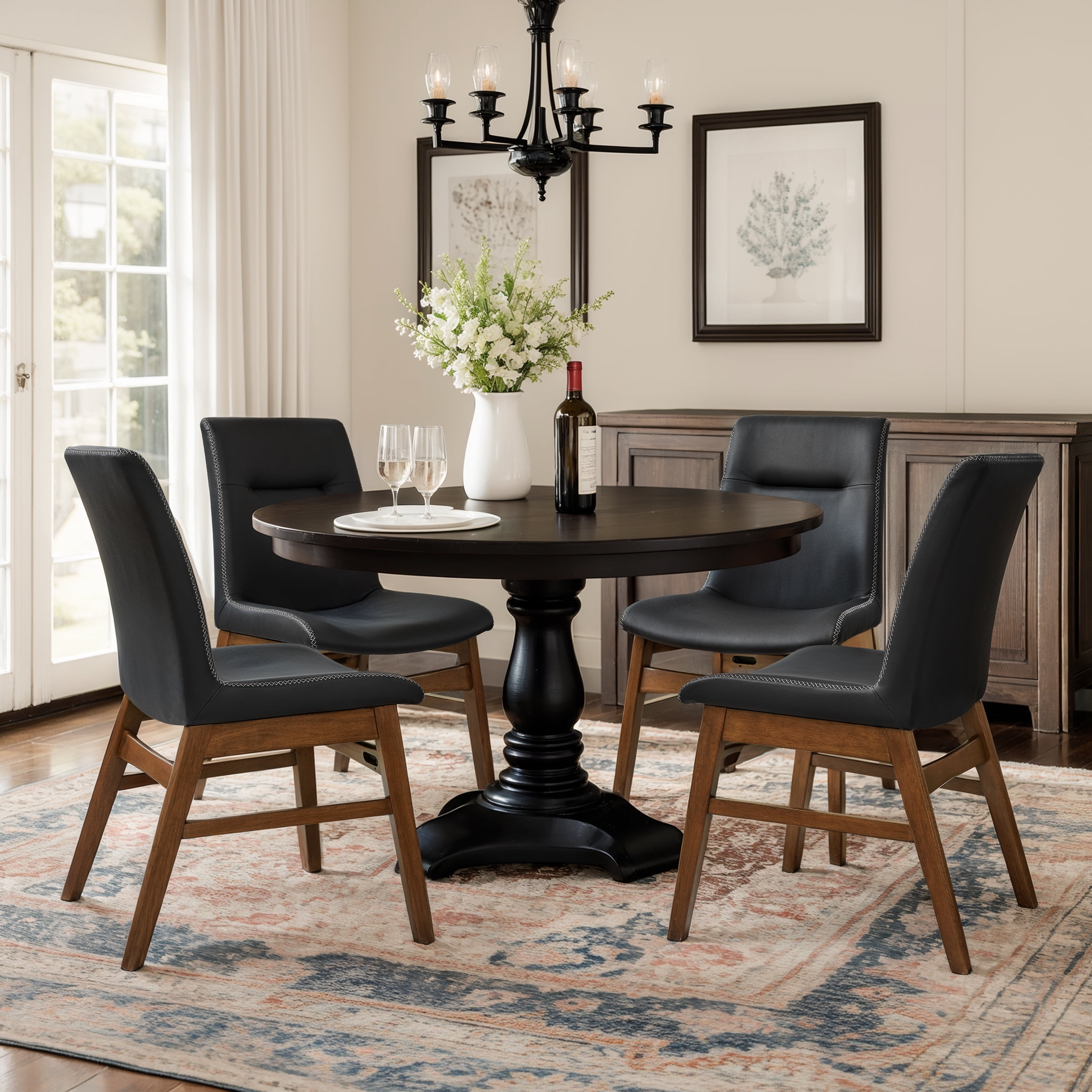 CHUN YI Modern Farmhouse Faux Leather Dining Chairs, Upholstered Kitchen Chairs, Set of 2, Black