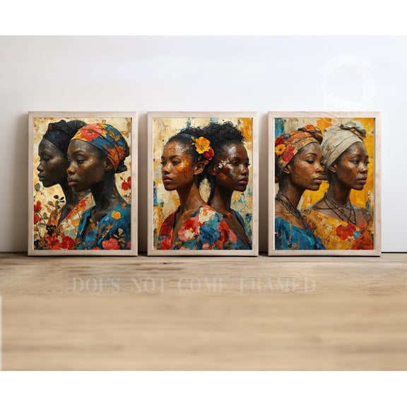 UNFFRAMED Luvia Set of 3 Black African American Women Poster Prints, Side by Side Wall Art Decor Set 3 Prints 8x12