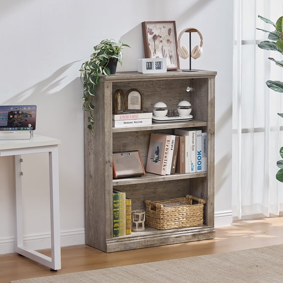 Buildhom 43" Tall Farmhouse Bookshelf, 3-Tier Solid Wood Bookcase with Adjustable Shelves for Living Room & Office, Grey