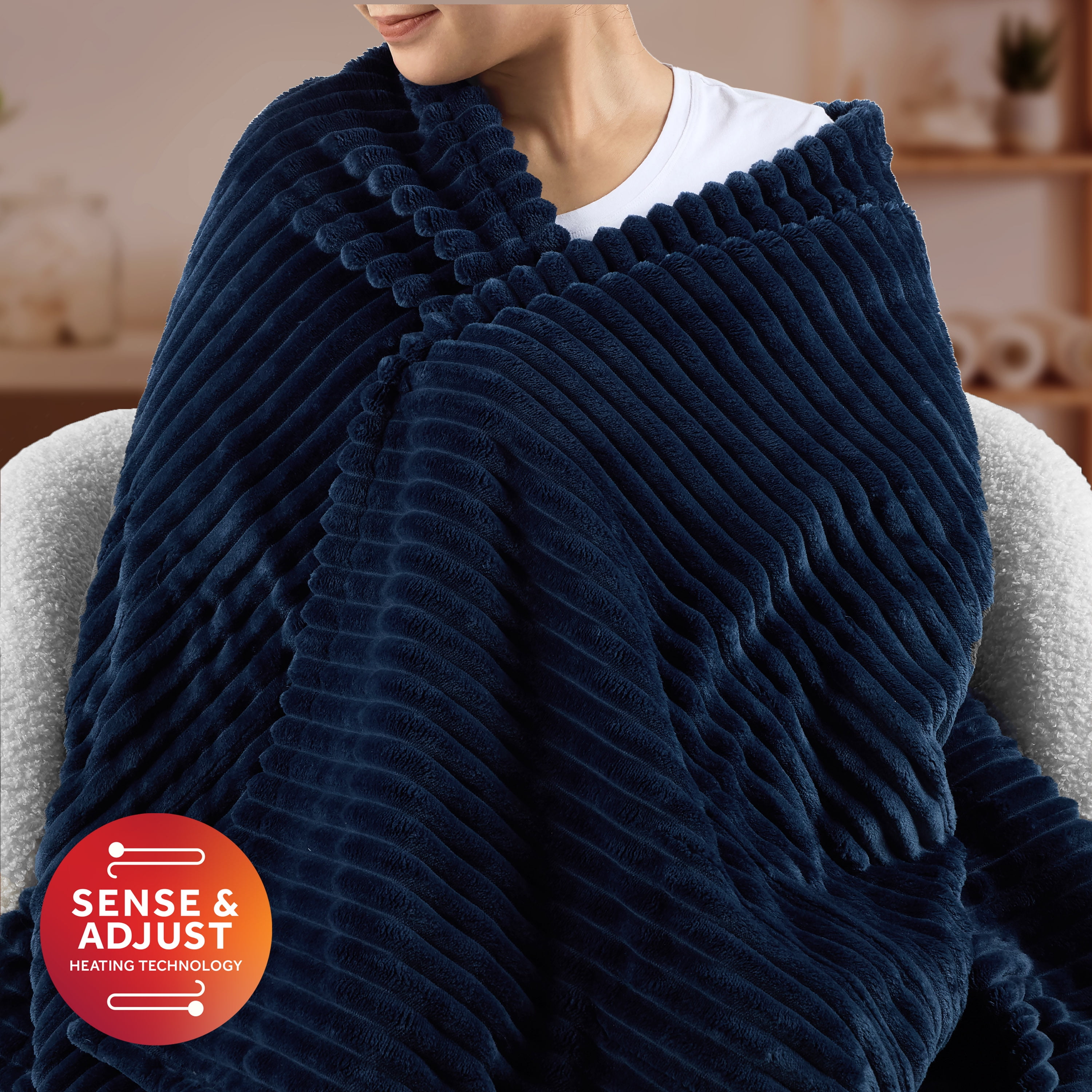 Jeté chauffant extra long en velours côtelé bleu intense quatre réglages de chaleur, arrêt automatique, 127 cm x 177,8 cm (50 po x 70 po) SUNBEAM JETE CHAUFFANT