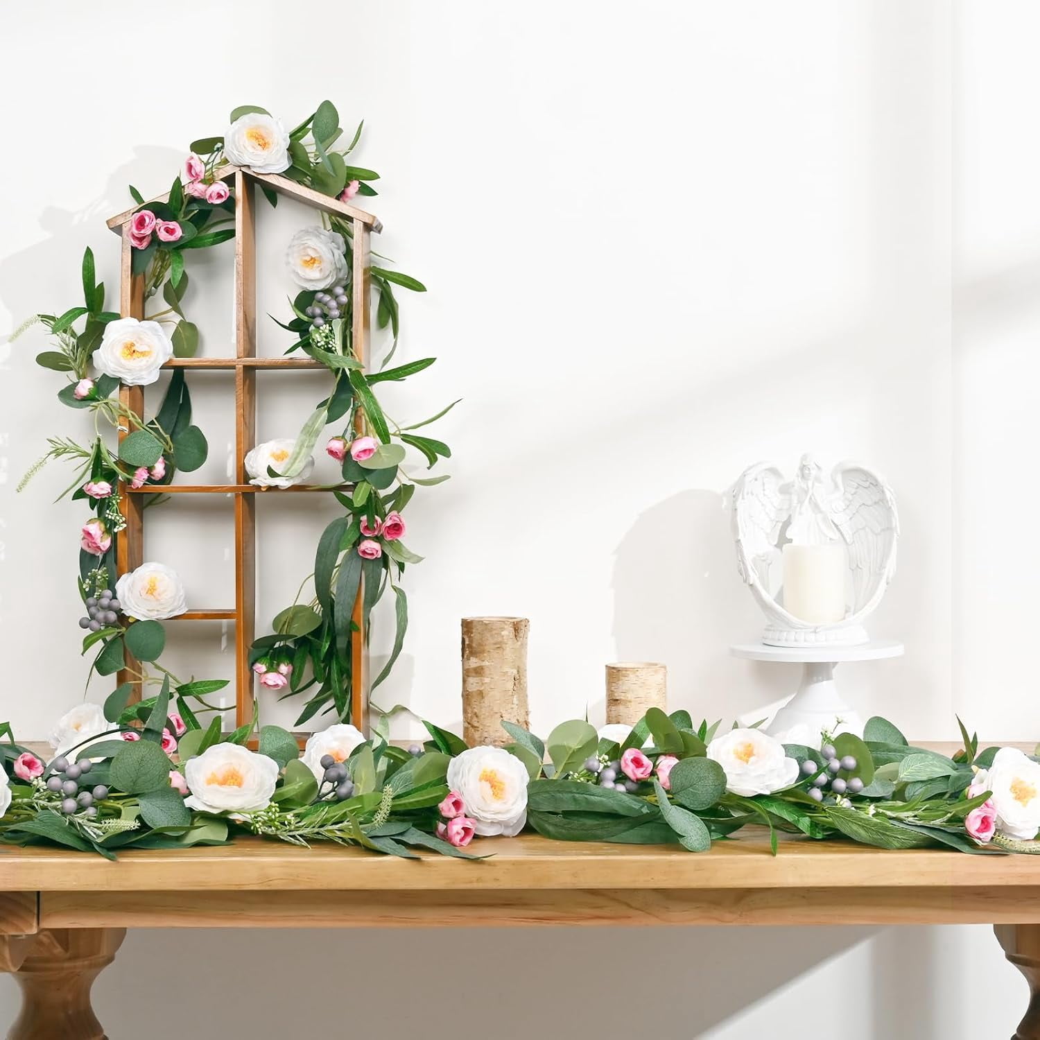 Lyacmy 12Ft Artificial Rose Flower Garland Greenery, Fake Silk Camellia Rose Vine Hanging Rose for Wedding Party Mantle Backdrop Room Decor