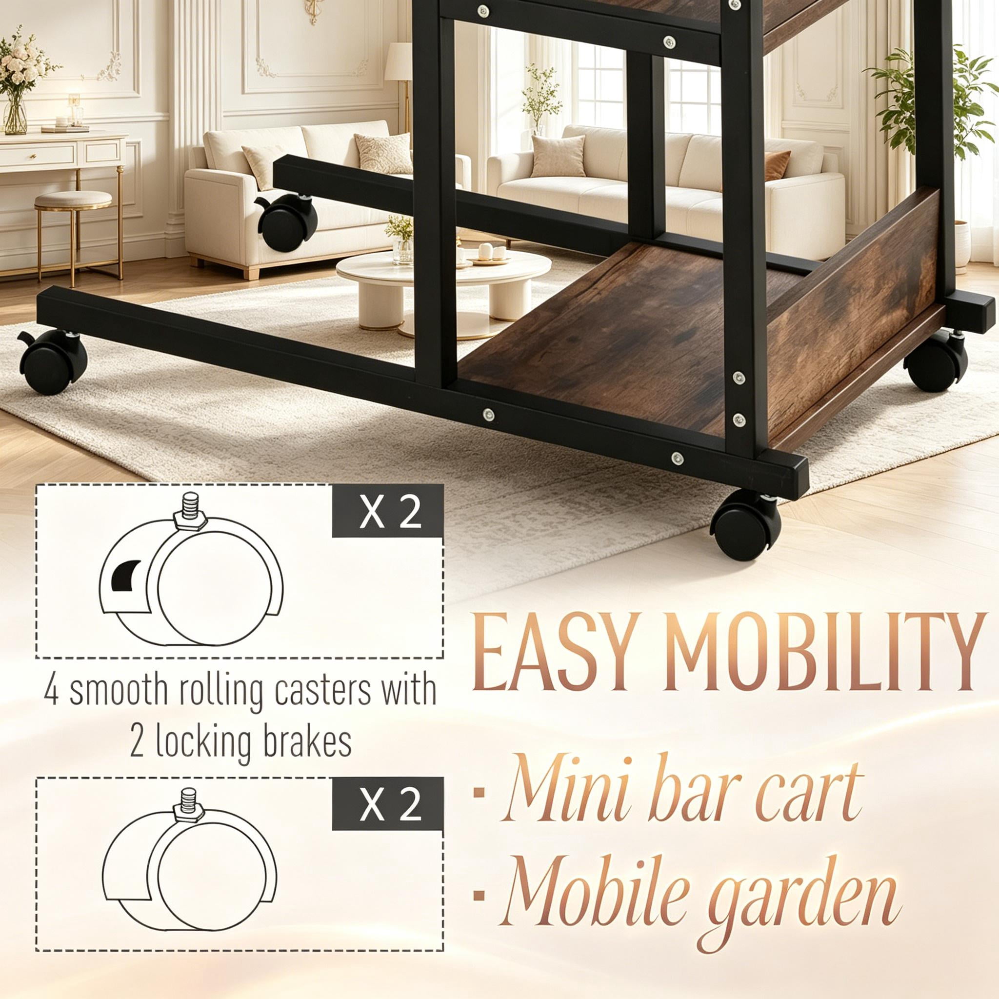 C-Shaped Height Adjustable Rolling Side Table, 3-Tier Mobile Utility Cart with Lockable Wheels, Multi-Purpose Sofa Snack Bar & Garden Table