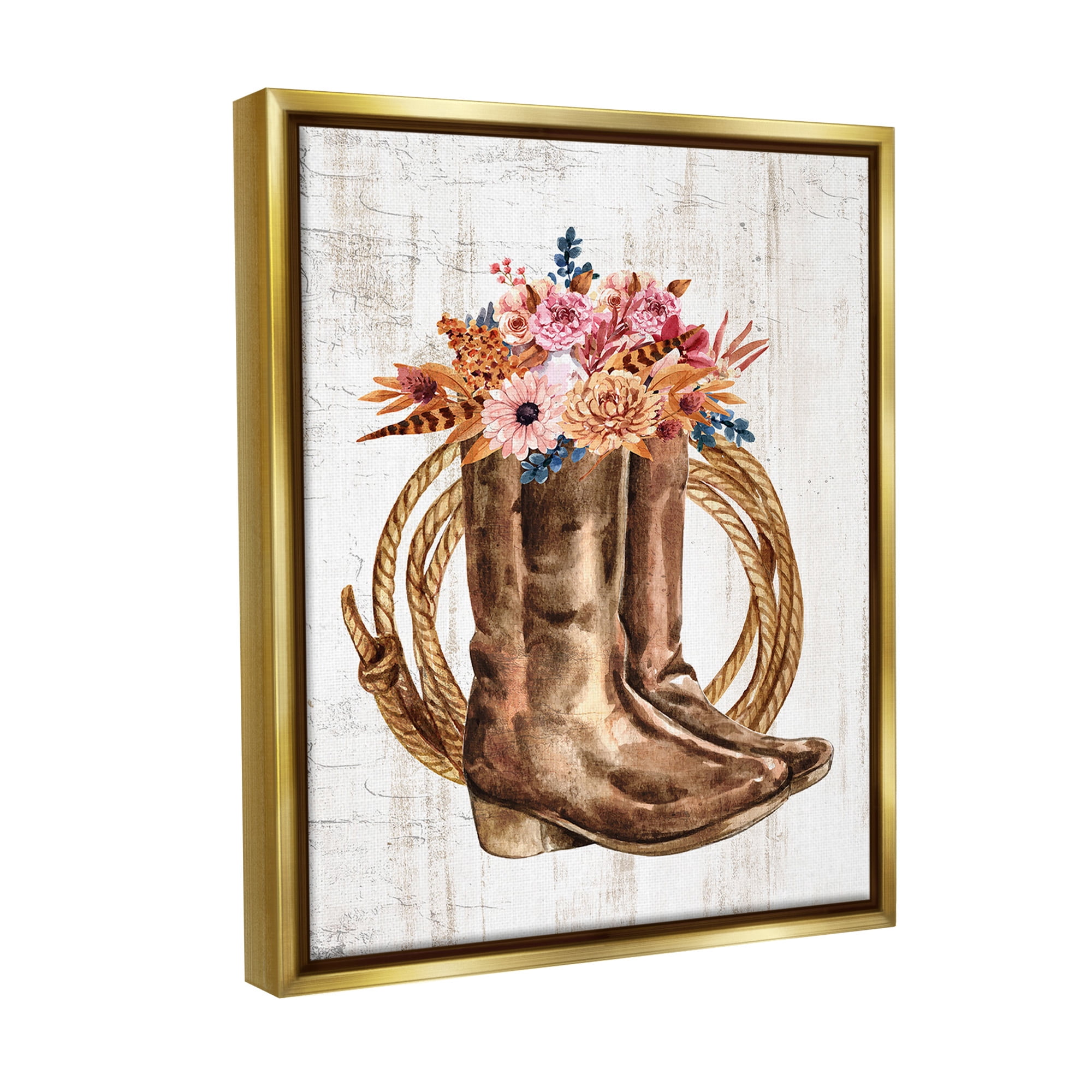 Stupell Industries Shabby Chic Floral Boots Botanical & Floral Painting Gold Floater Framed Canvas Art Print Wall Art, 17 x 21